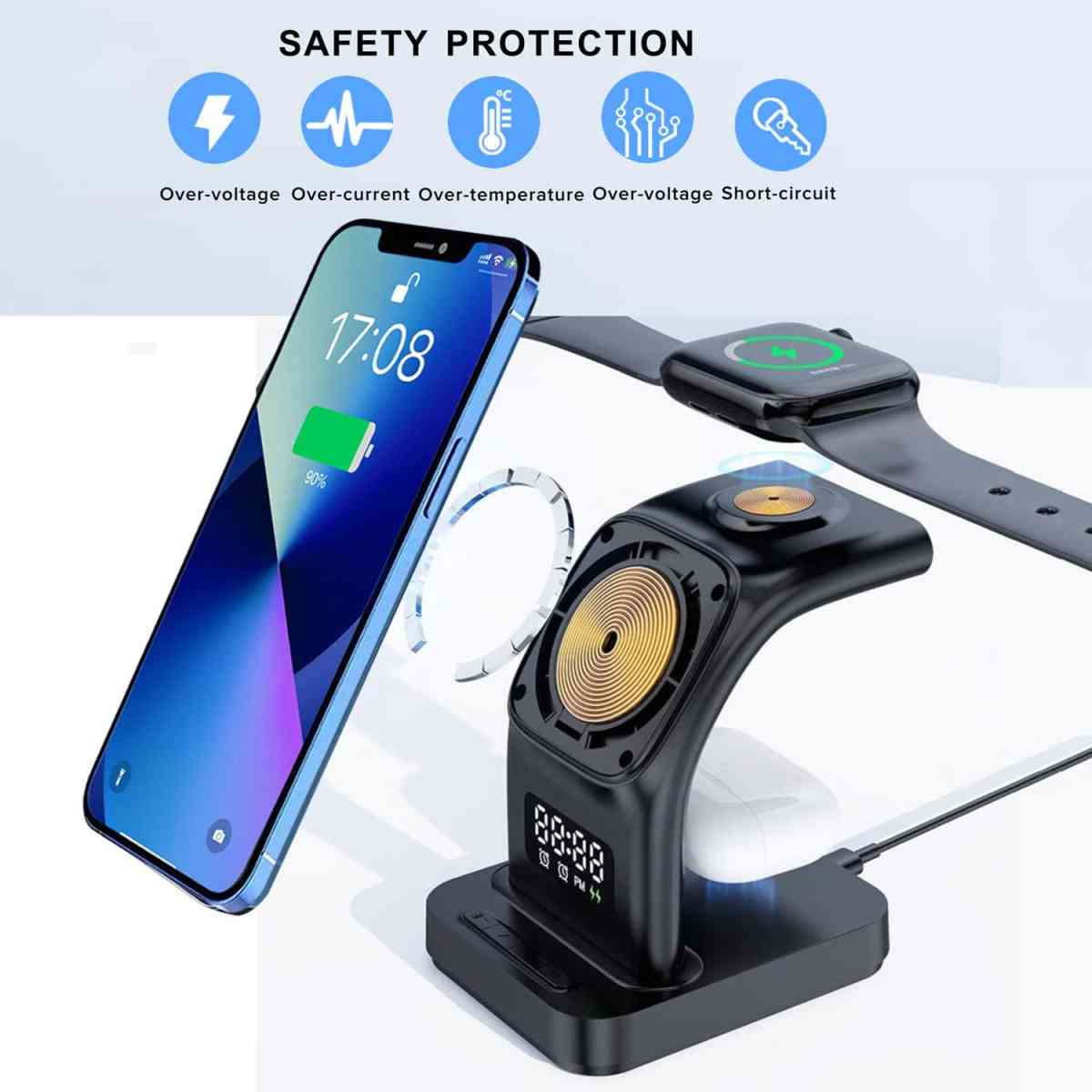 محطة شحن لاسلكية 5 في 1 مع منبه مغناطيسي متوافقة مع MagSafe