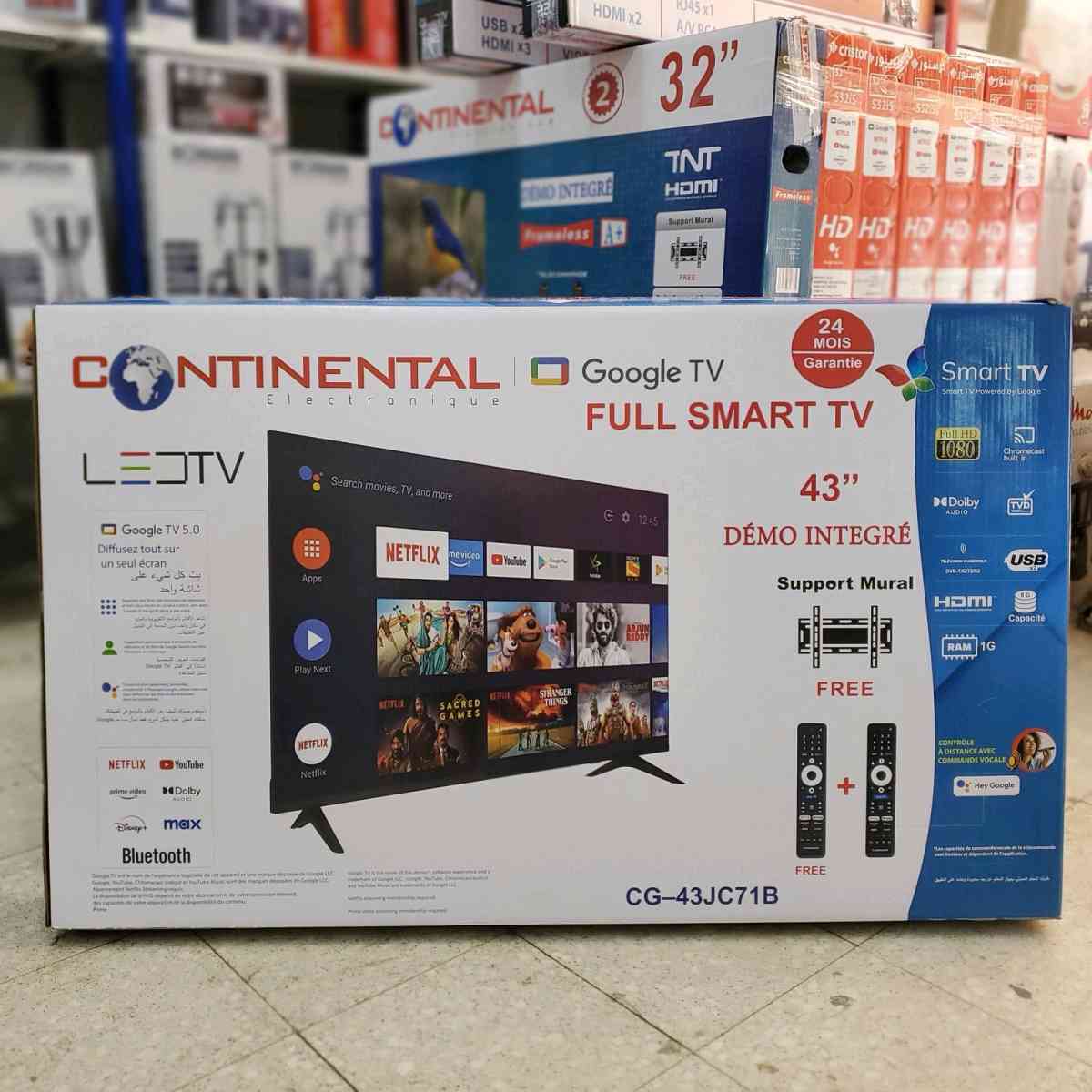 Tv Continental 43p Smart Google tv avec support  2 tlcommand